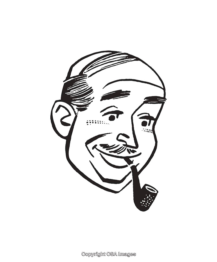 Retro Black and White Illustration of Smiling Man with Pipe