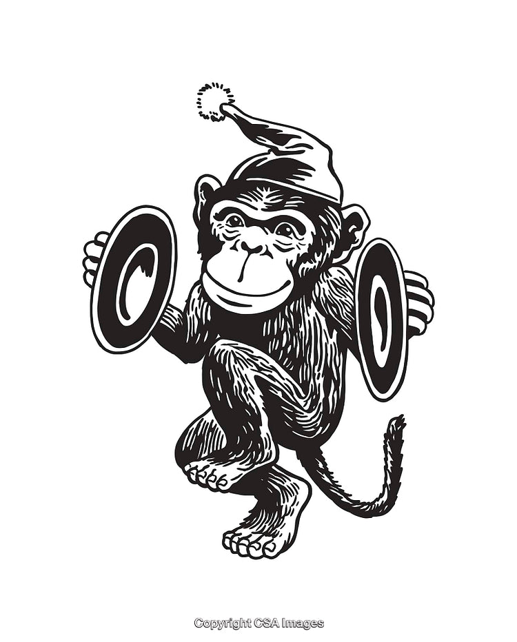Black and White Illustration of a Cymbal-Playing Monkey
