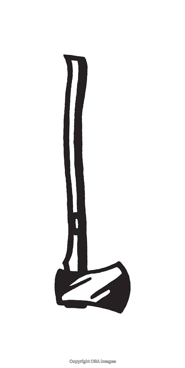 Black and White Line Art Illustration of an Axe on White Background
