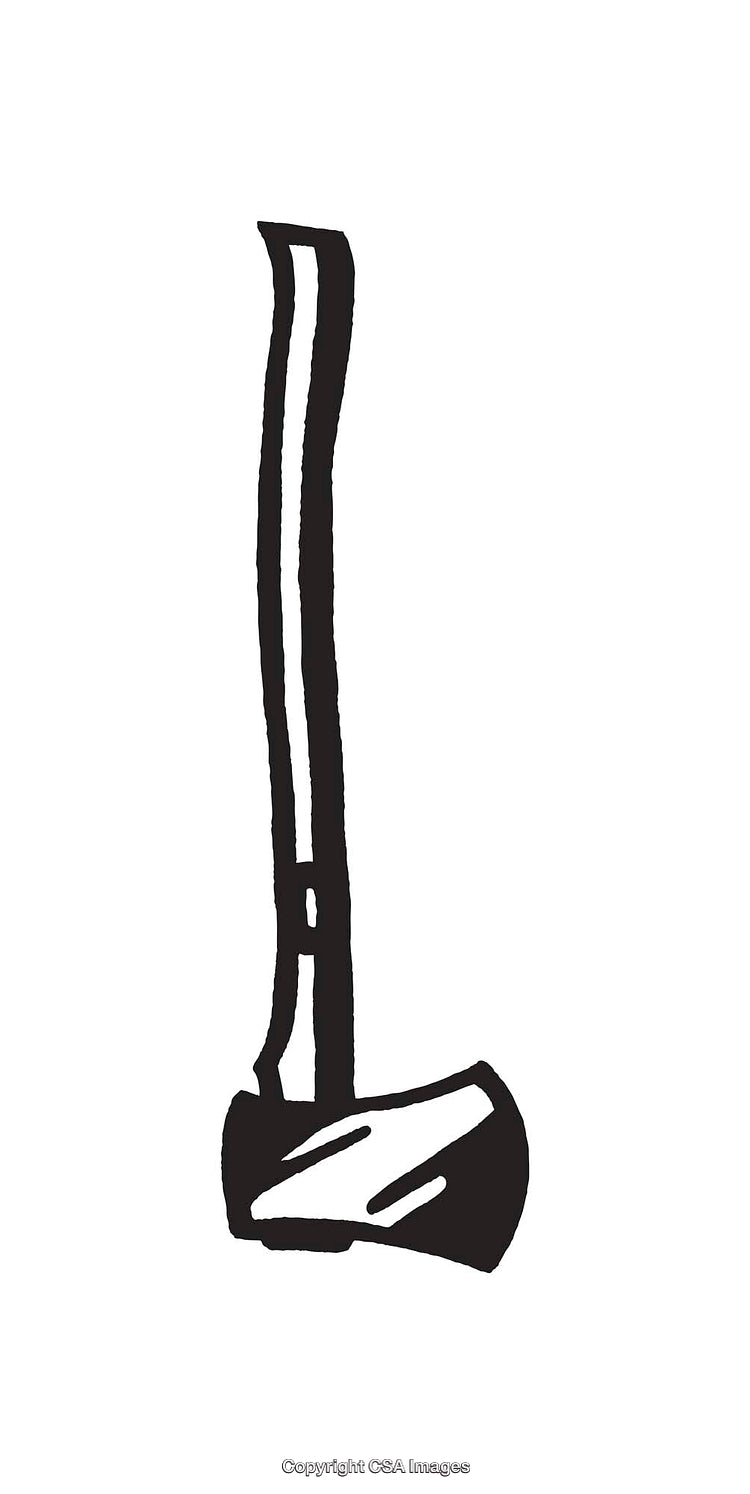 Black and White Line Art Illustration of an Axe on White Background