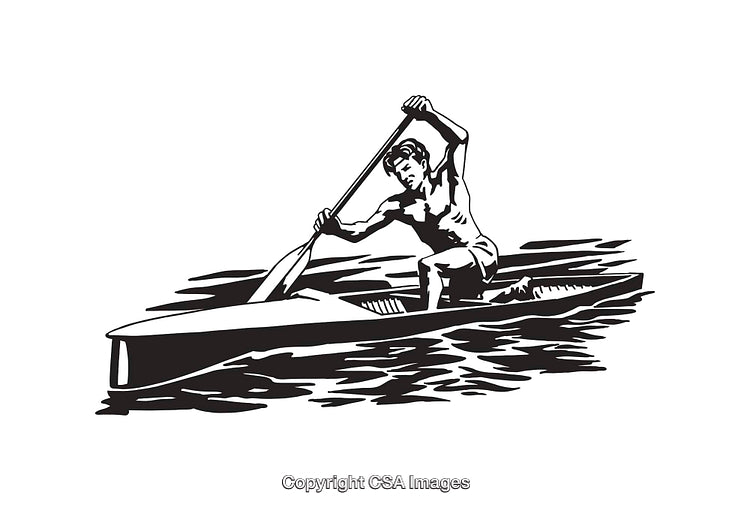 Black and White Illustration of a Canoeist Paddling on Water