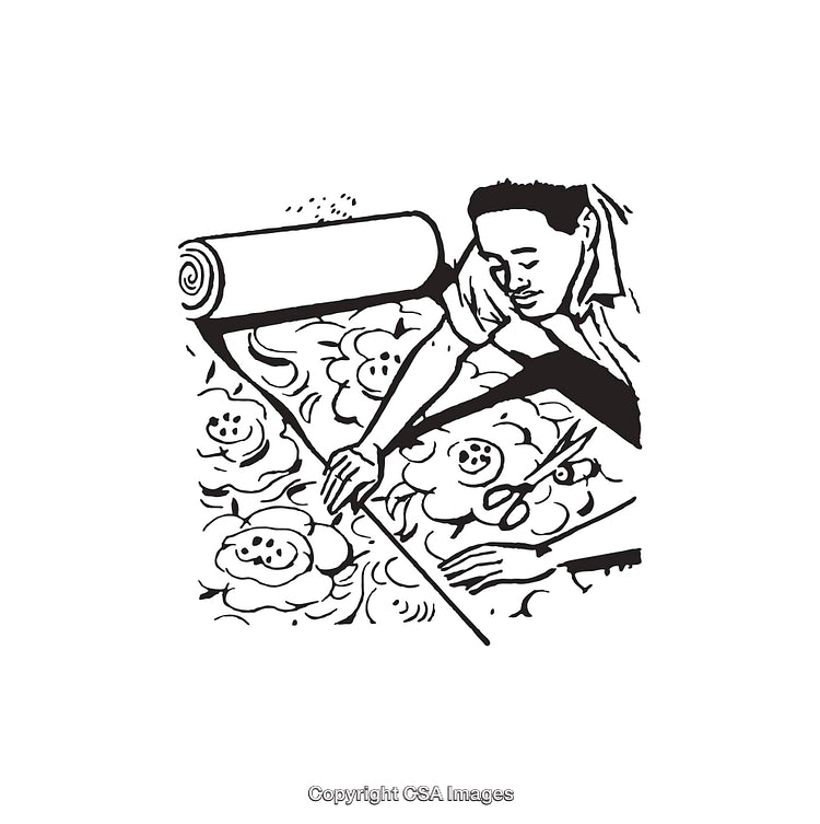 Worker Cutting Floral Fabric with Scissors in Black and White Line Art