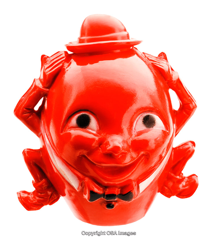 Bright Red Smiling Plastic Figure With Top Hat and Playful Expression