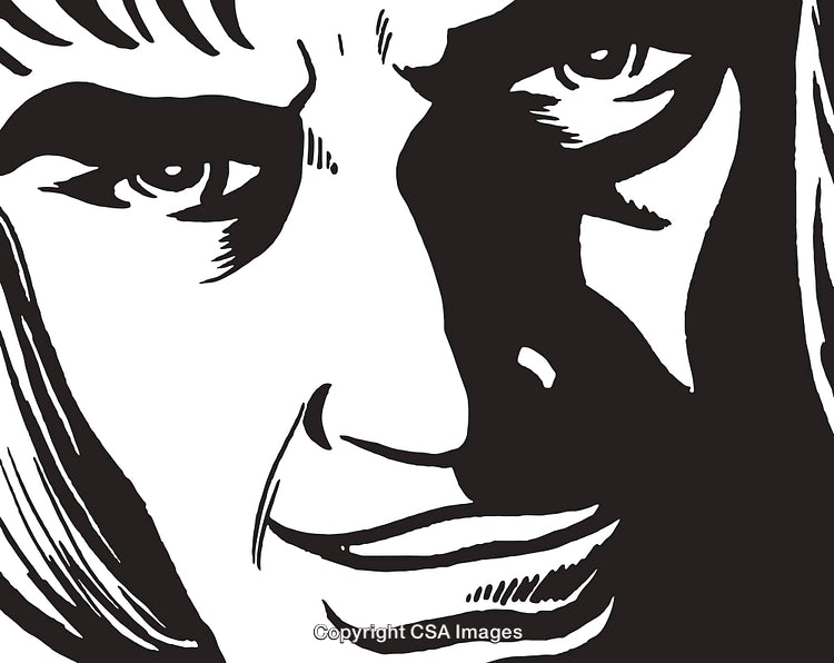 Close-Up Black and White Illustration of an Intense Facial Expression