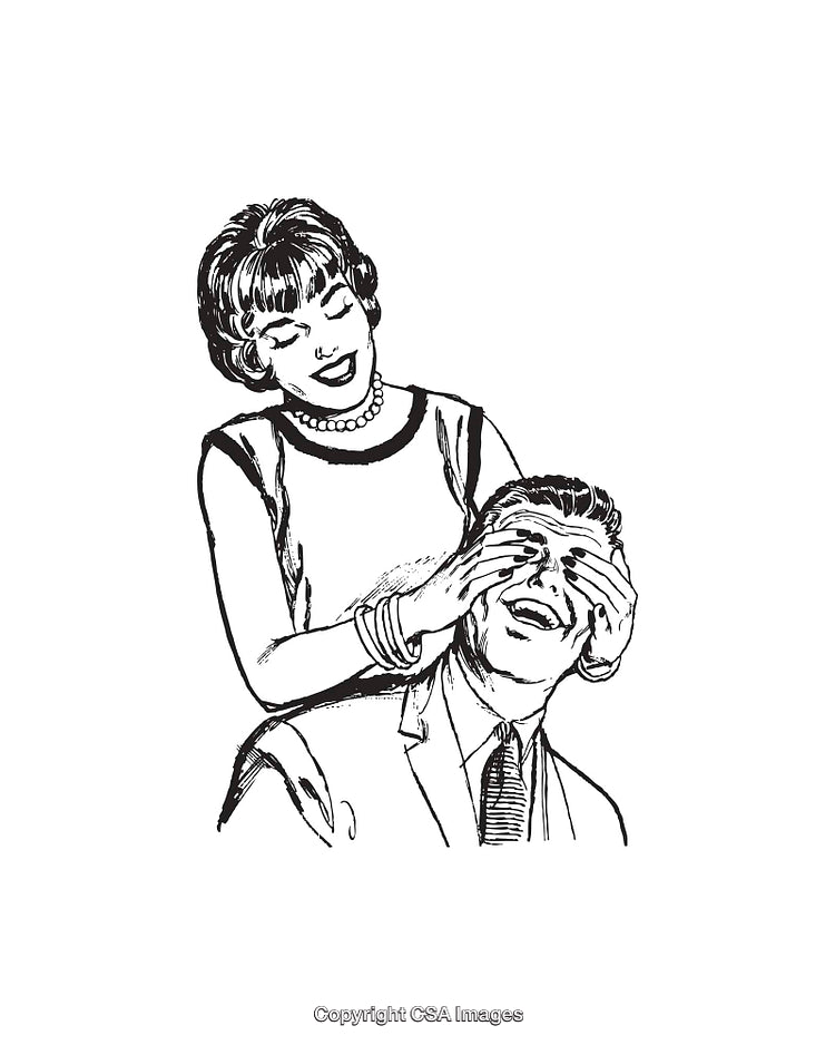 Retro Line Art of Woman Playfully Covering Man's Eyes