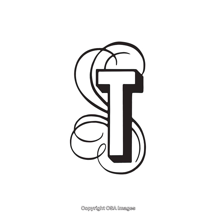 Elegant Monogram Letter T with Decorative Swirls in Black and White