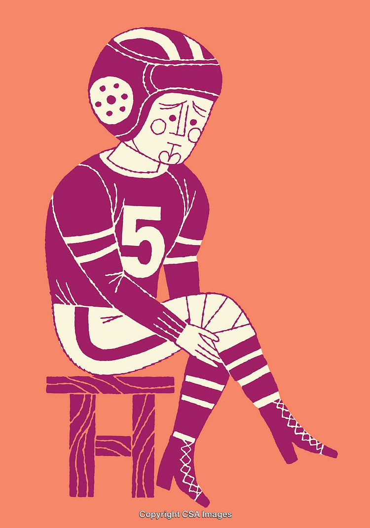 Illustration of a Character in Vintage Sports Attire Reflecting Indoors