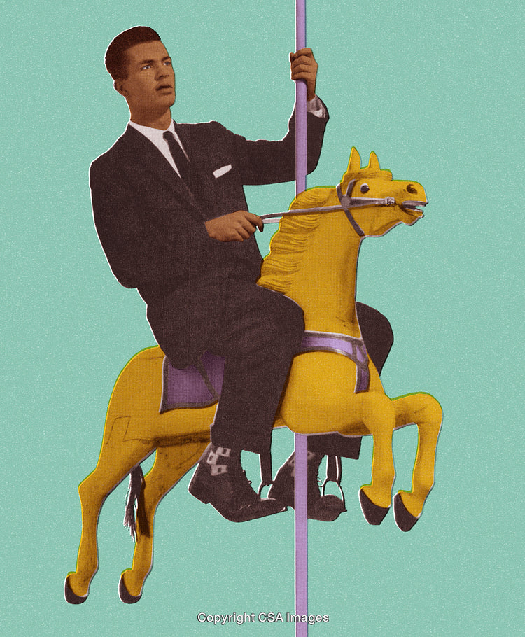 Professional Man Riding a Carousel Horse Against a Retro Style Background