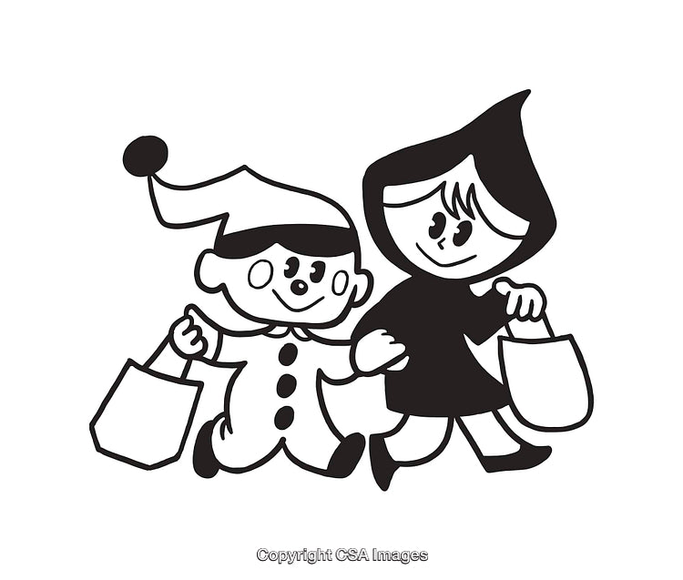 Black and White Line Art of Kids in Halloween Costumes