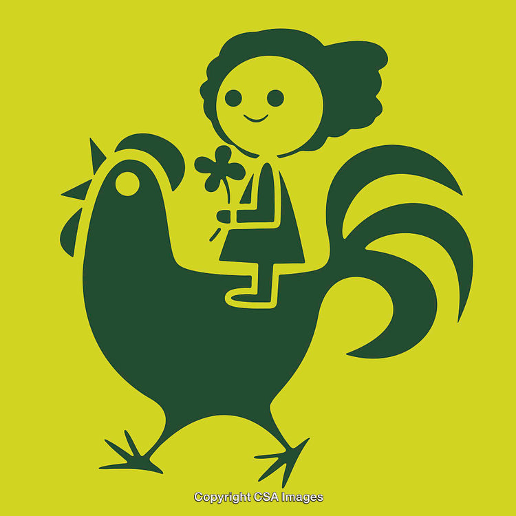 Whimsical Black Design of Child on Rooster Holding a Shamrock