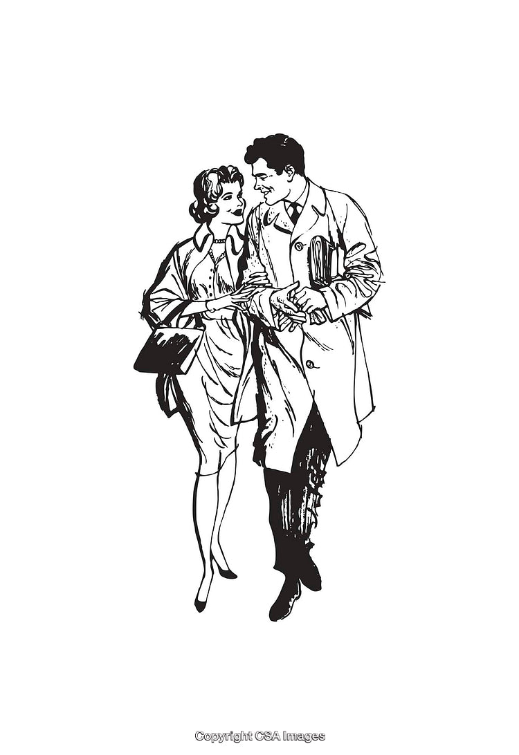 Retro Line Art of a Smiling Couple Walking Together Holding Documents