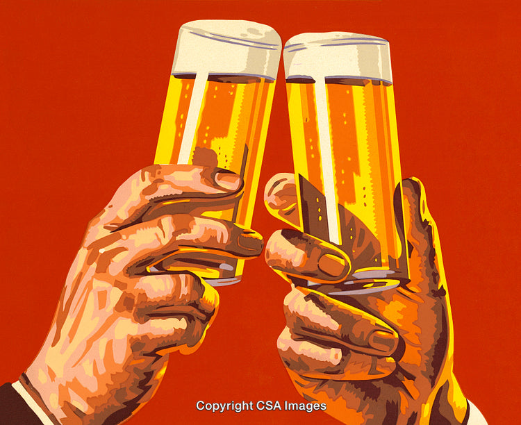 Vintage-Style Painting of Two Glasses in a Cheers Gesture on Orange Background