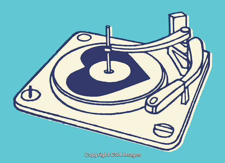 Retro Turntable Illustration Featuring Heart Vinyl on Stylish Background