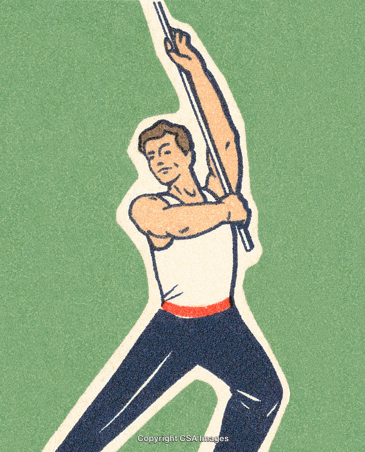 Vintage Illustration of a Gymnastic Athlete Holding a Pole on Green Background