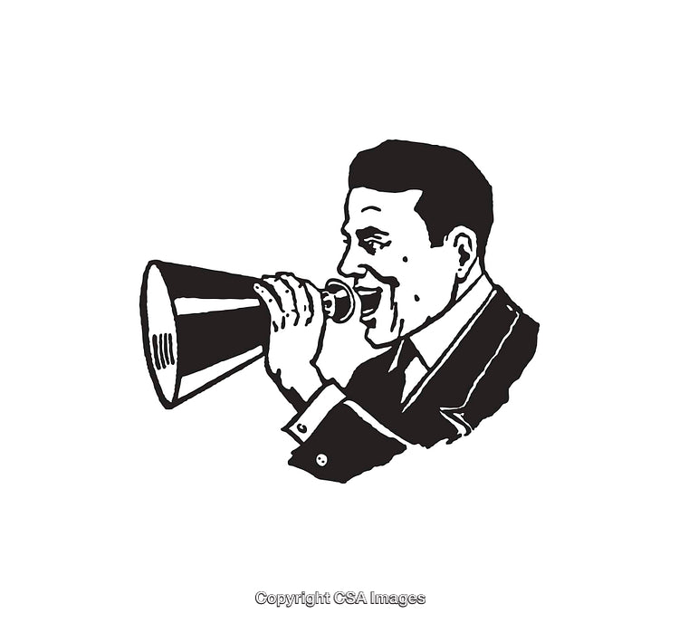 Black And White Illustration of Man Speaking Through Megaphone