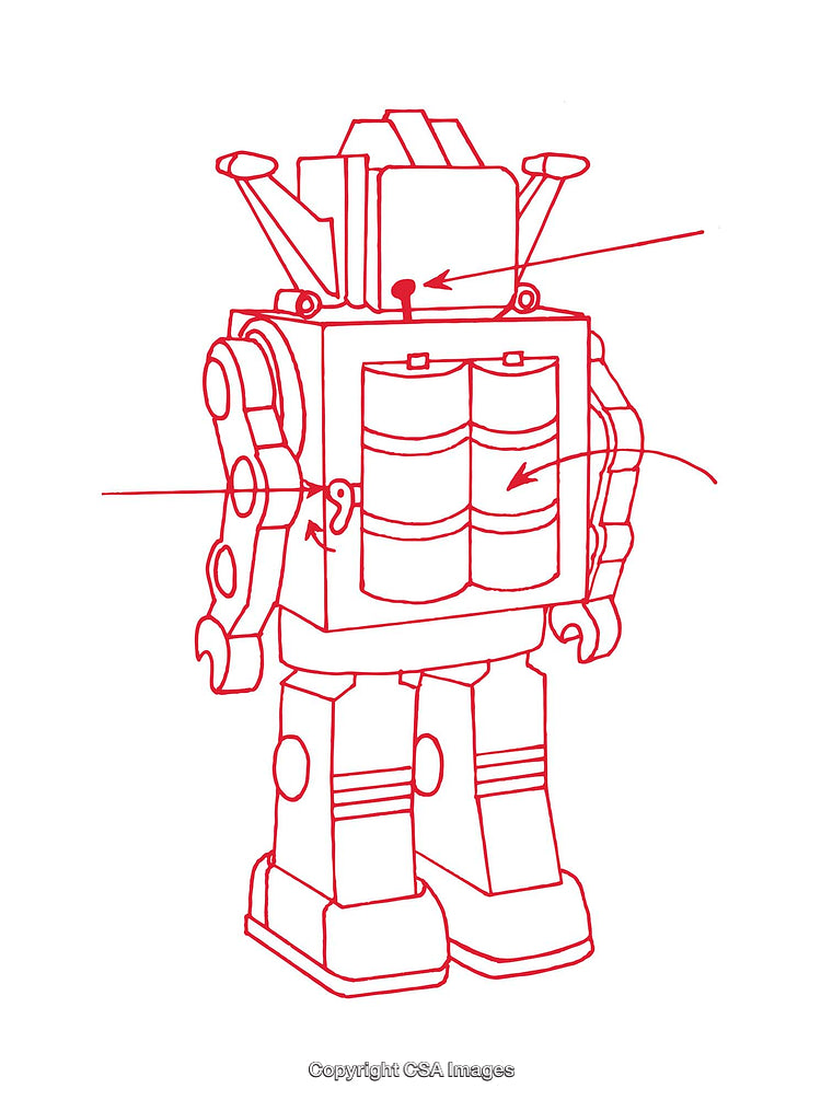 Red Line Diagram of Robot with Mechanical Details and Components
