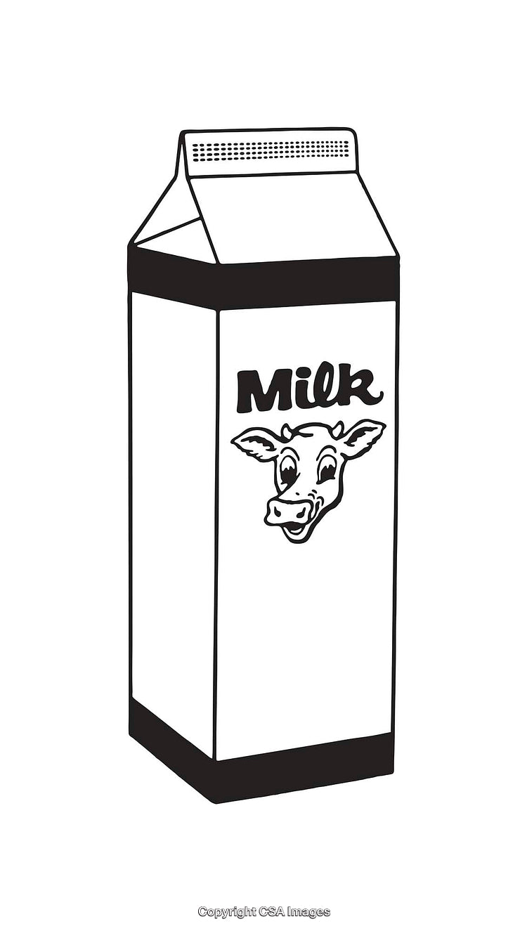 Black and White Line Art Illustration of a Milk Carton with a Cow Logo