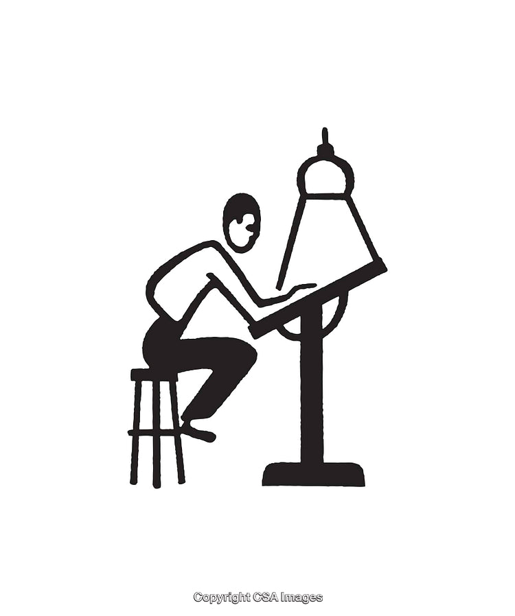 Black and White Line Art of a Person Working at a Drafting Table