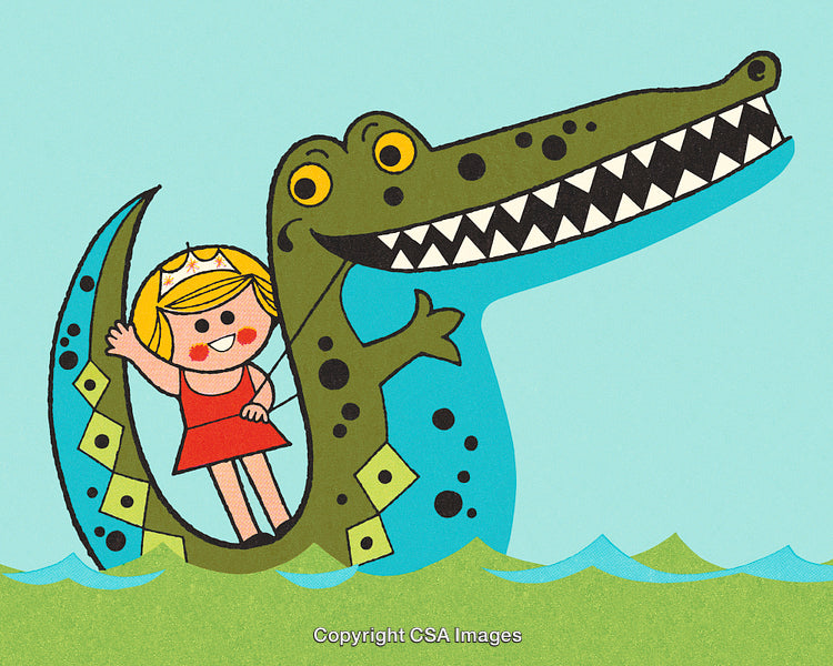 Whimsical Fantasy Illustration of a Princess Riding a Friendly Crocodile