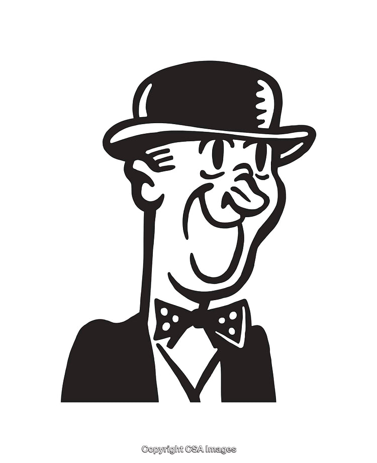 Vintage Line Art Illustration of a Man in a Hat and Bowtie
