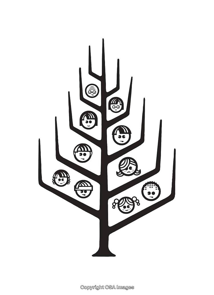 Black and White Line Art Family Tree Illustration with Faces