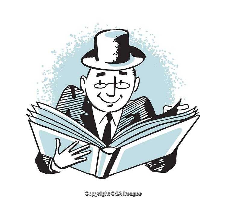 Man Reading a Large Book in a Retro Illustration Style