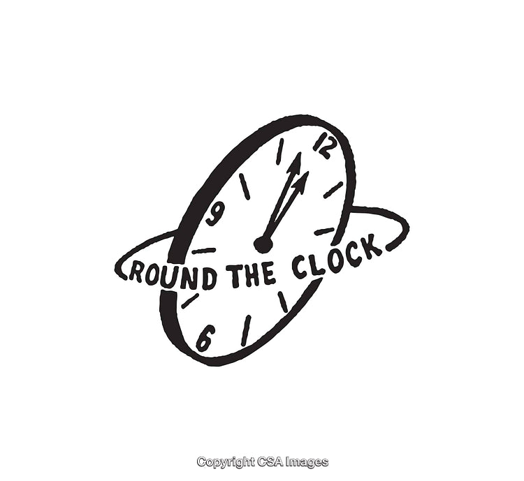 Black and White Line Art of Round Clock Illustration and Surrounding Text