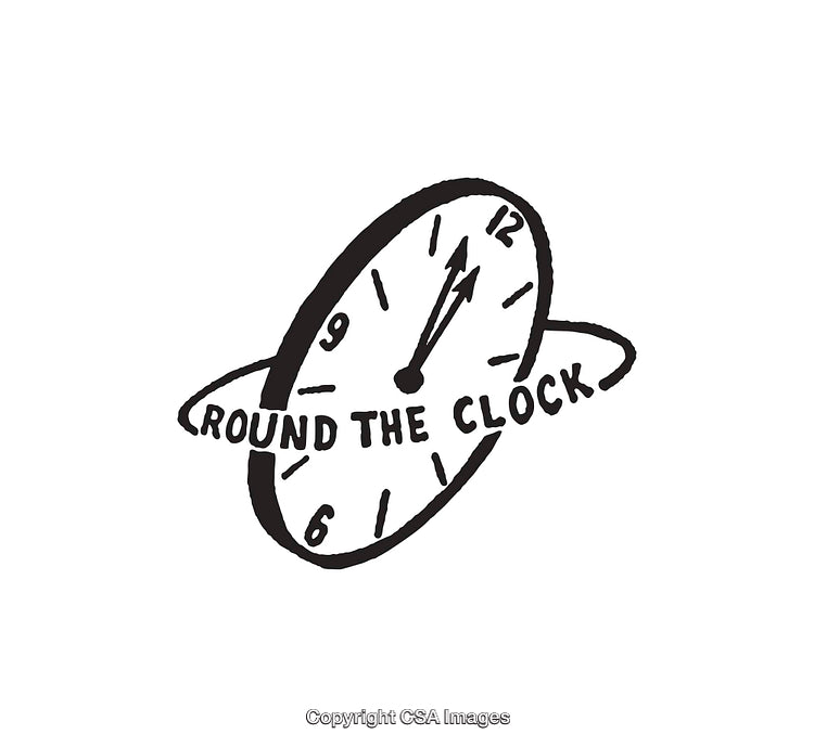 Black and White Line Art of Round Clock Illustration and Surrounding Text