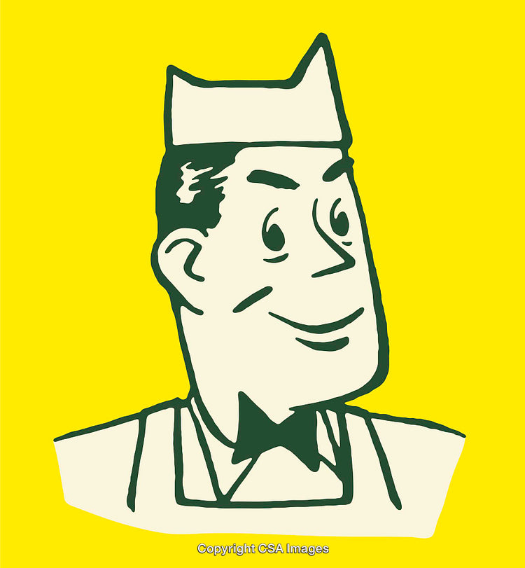 Retro Style Cartoon Drawing of a Smiling Male Waiter on Yellow