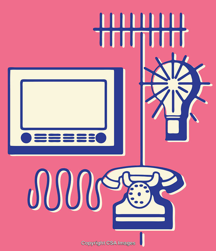 Retro Technology Line Art Illustration Featuring Vintage Devices in Bold Colors