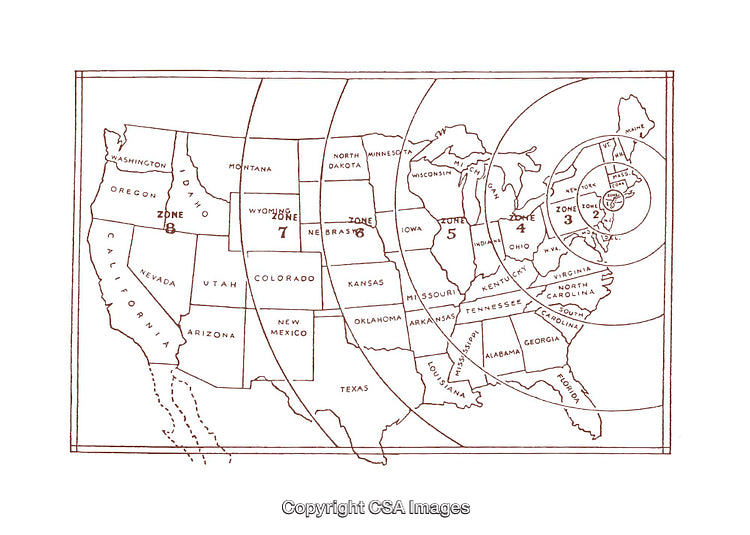 United States Map with Postal Zones Illustrated in Diagram Format