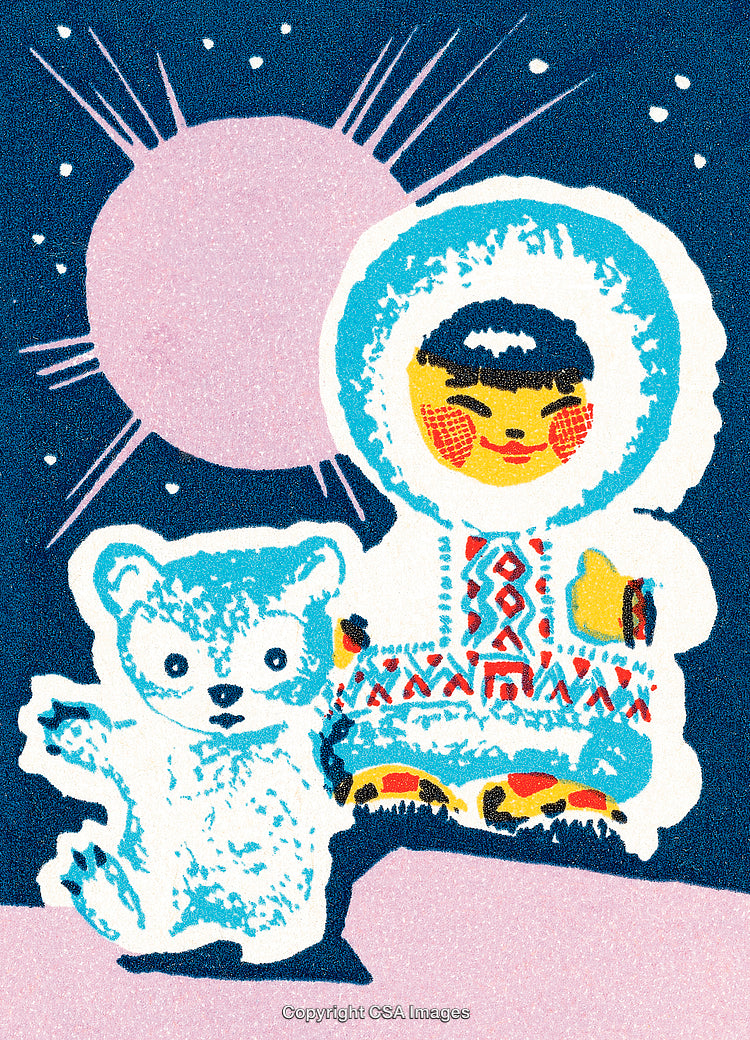 Illustration of a Child and Polar Bear in Winter Attire under the Moonlight