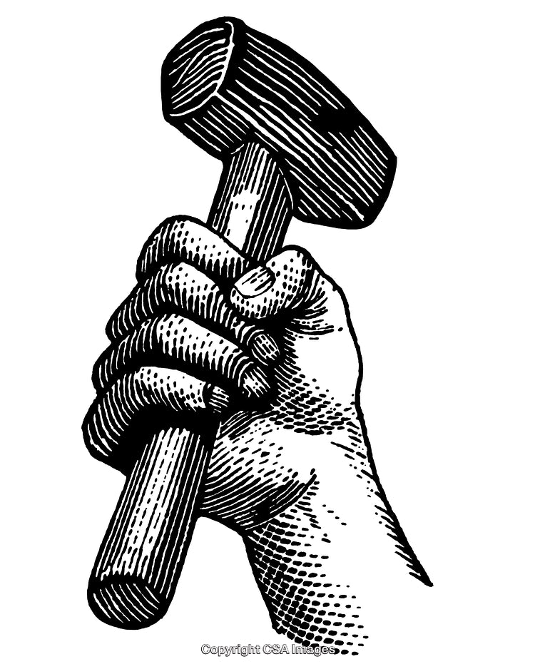 Detailed Black and White Engraving of a Hand Holding a Hammer