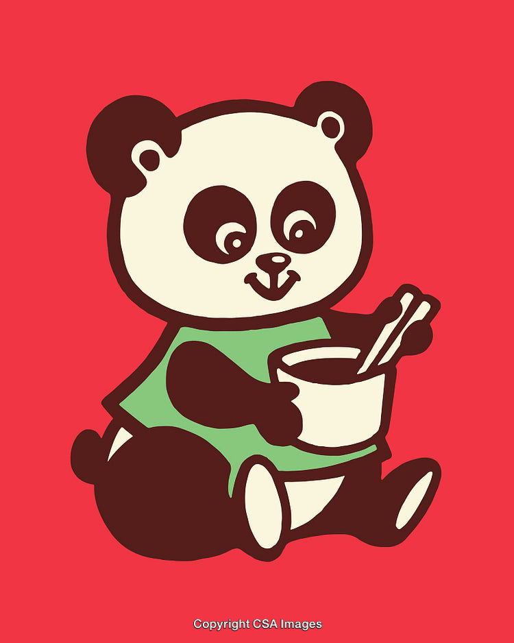 Adorable Cartoon Panda Eating With Chopsticks on Bright Red Background