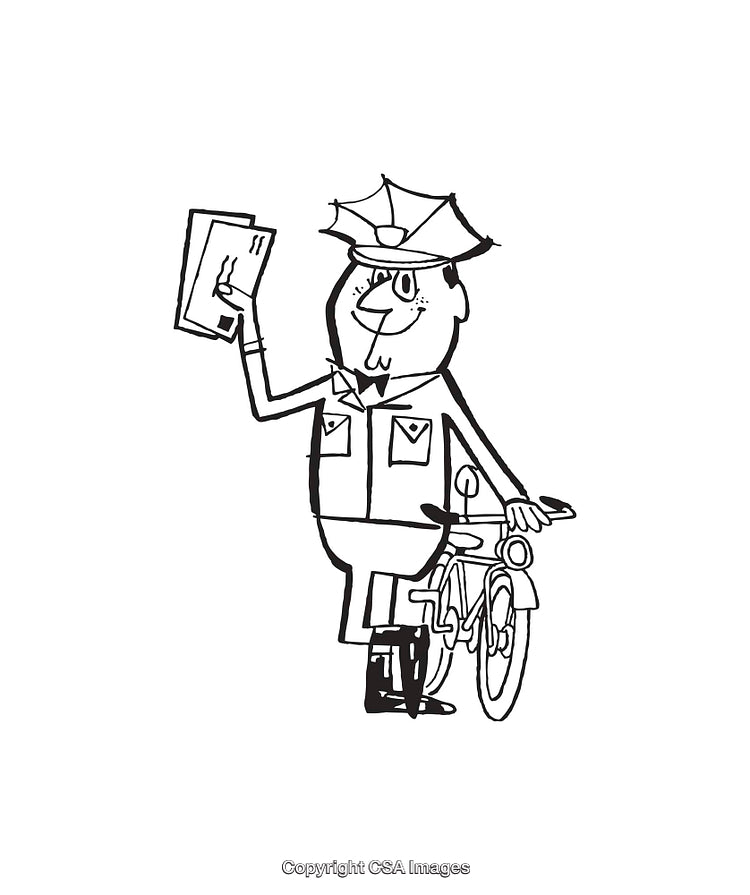 Vintage Black and White Line Art of a Postman with Bicycle