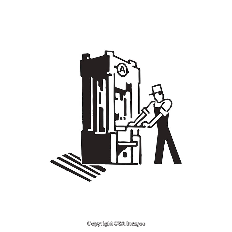 Black and White Illustration of Worker Operating Industrial Machine
