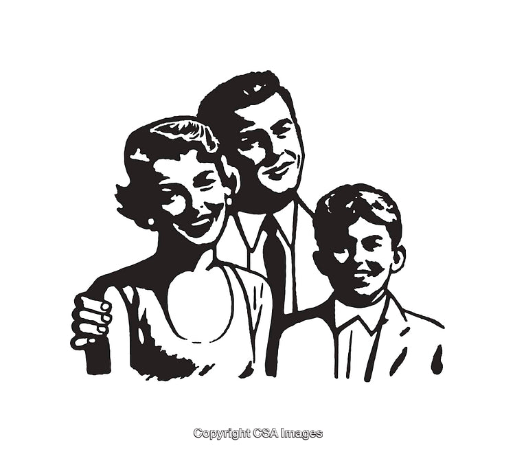 Vintage Black and White Line Art of a Happy Family Portrait