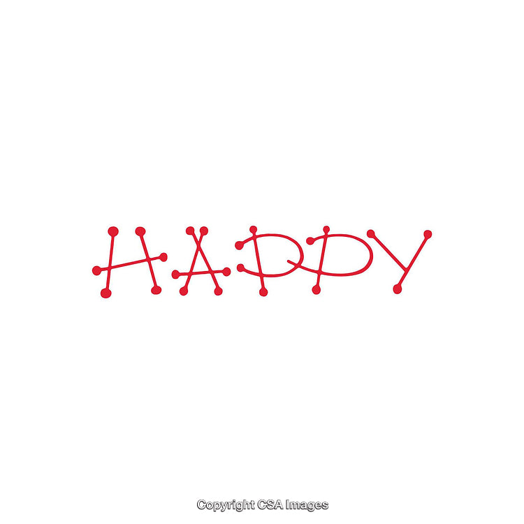 Red Happy Word Art with Minimalist Line Design on White Background