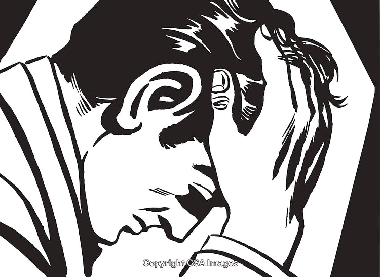 Black and White Illustration of a Pensive Man in Thoughtful Pose