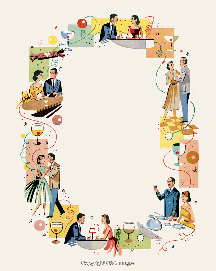Elegant Retro-Style Illustration Featuring Couples in Social Scenes and Celebrations