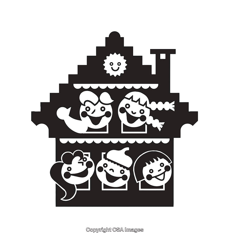 Black and White Illustration of a House with Happy Faces Inside