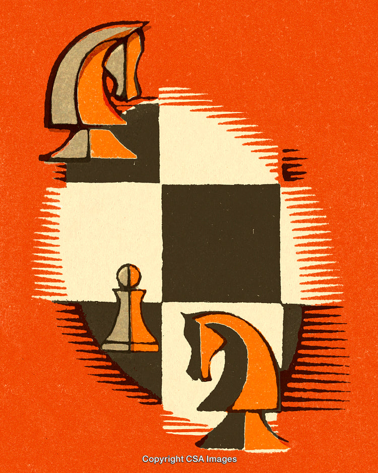 Abstract Chess Illustration Featuring Knight and Pawn on Vibrant Background