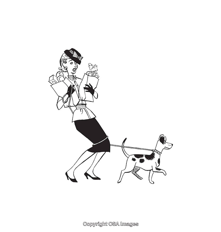 Retro Line Art Character Walking Dog with Grocery Bags