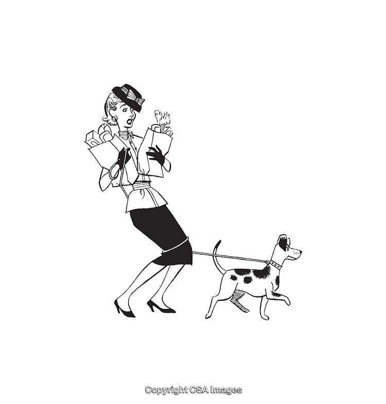 Retro Line Art Character Walking Dog with Grocery Bags