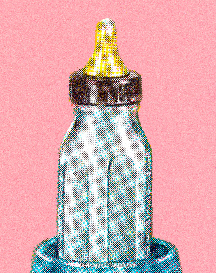 Vintage Style Illustration of a Baby Bottle with Pink Background