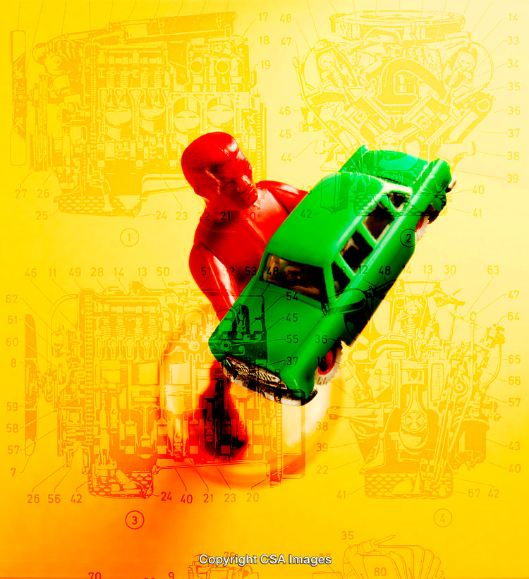 Conceptual Illustration of Red Figure Holding Toy Car with Technical Background