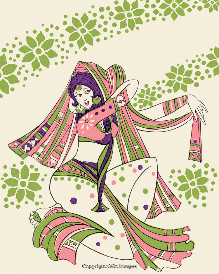 Artistic Illustration of a Woman in Traditional Costume with Floral Designs
