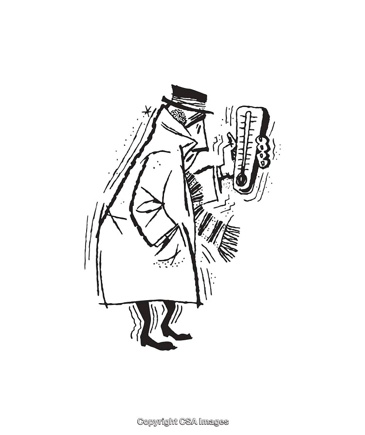 Black And White Illustration of a Shivering Person With a Thermometer