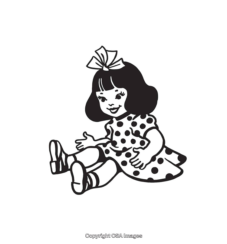 Vintage Style Illustration of a Young Girl in Polka Dot Dress