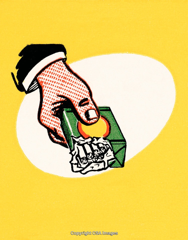 Pop Art Illustration of Hand Holding Littered Packaging on Yellow Background